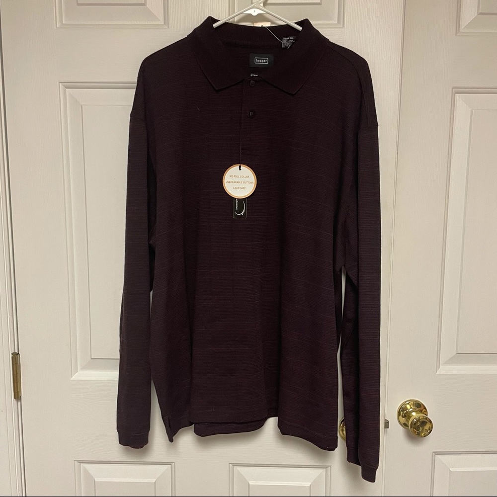 COPY - **NWT** Mens XL Long Sleeve Collared Stain Resistant Shirt Maroon Stripe…